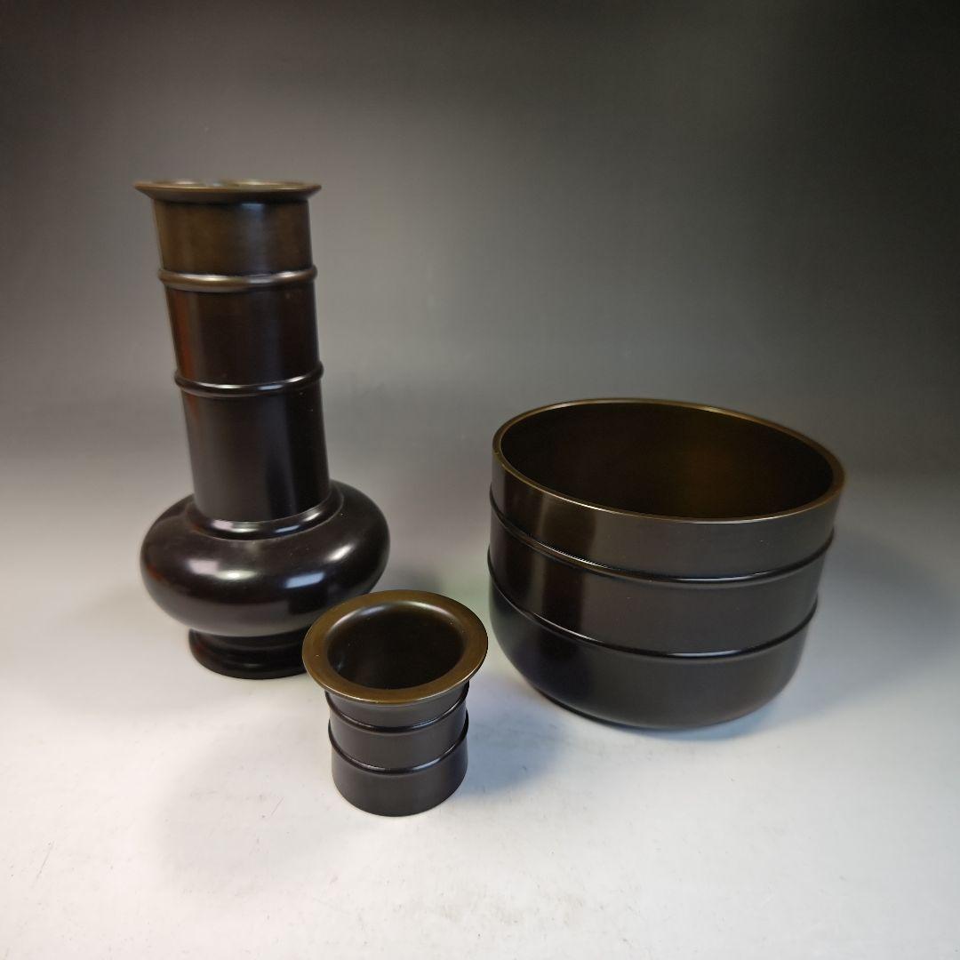 イ527 皆具『鋳師　金森浄栄』『唐銅　皆具　共箱』水指　杓立　蓋置　建水