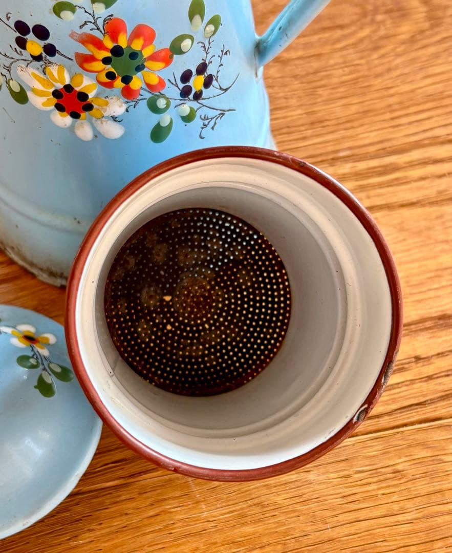 フランスアンティーク ホーローコーヒーポット ブルー 手描きのお花