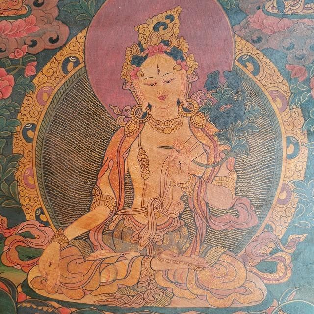 ホワイトターラー　大　観音様の涙の化身・白多羅菩薩：　タンカ　仏画（額縁なし）