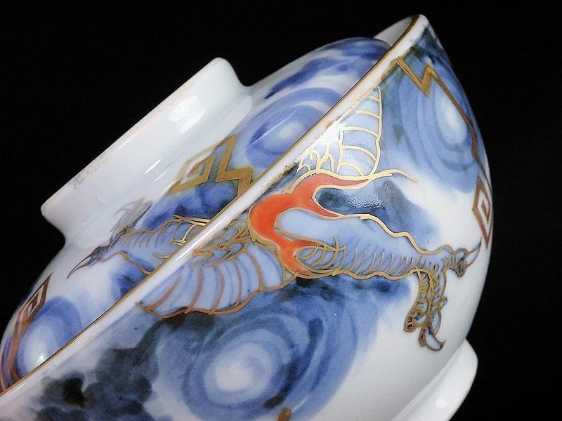 古伊万里　染錦　雲龍に雷紋の図　大振蓋茶碗　E255AS-fbjb