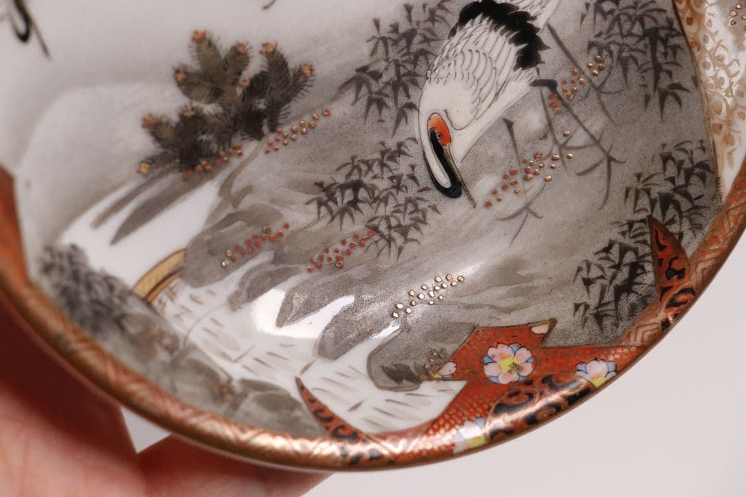 CH85 時代 九谷焼 福栄 金彩色絵 小皿 六客 12.2cm 山水 鶴松