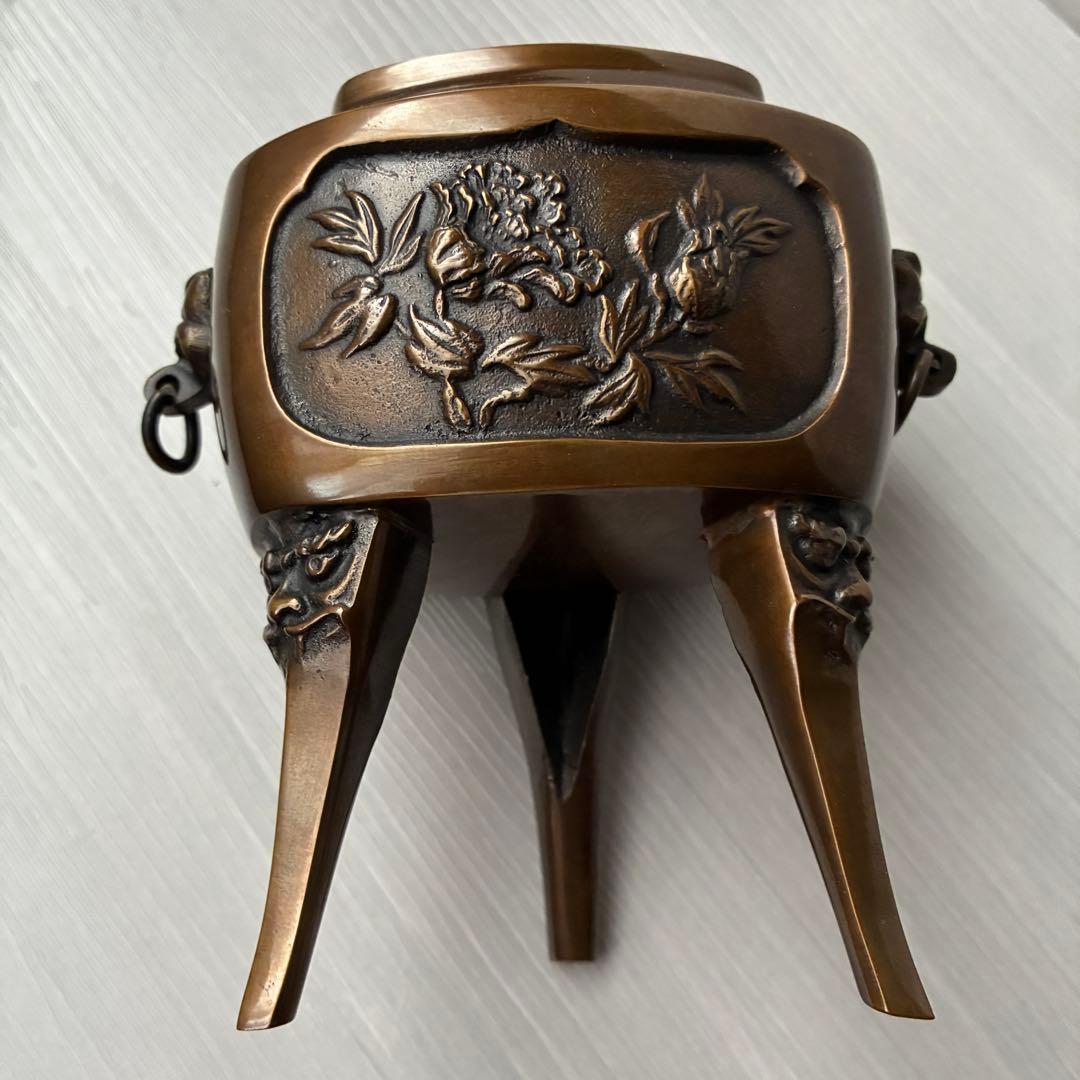 香炉　青銅製　獅子　孔雀　三足　高岡銅器　瑞峰作　茶道具　香道具　お香付き