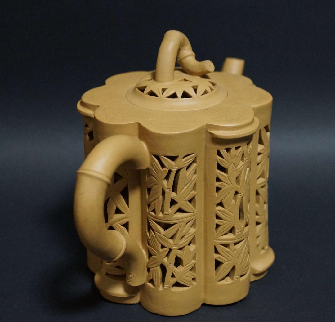 茶道具  名工範澤春 製 『竹彫鏤空』 朱泥急須 透かし彫り 紫砂壺 煎茶道具