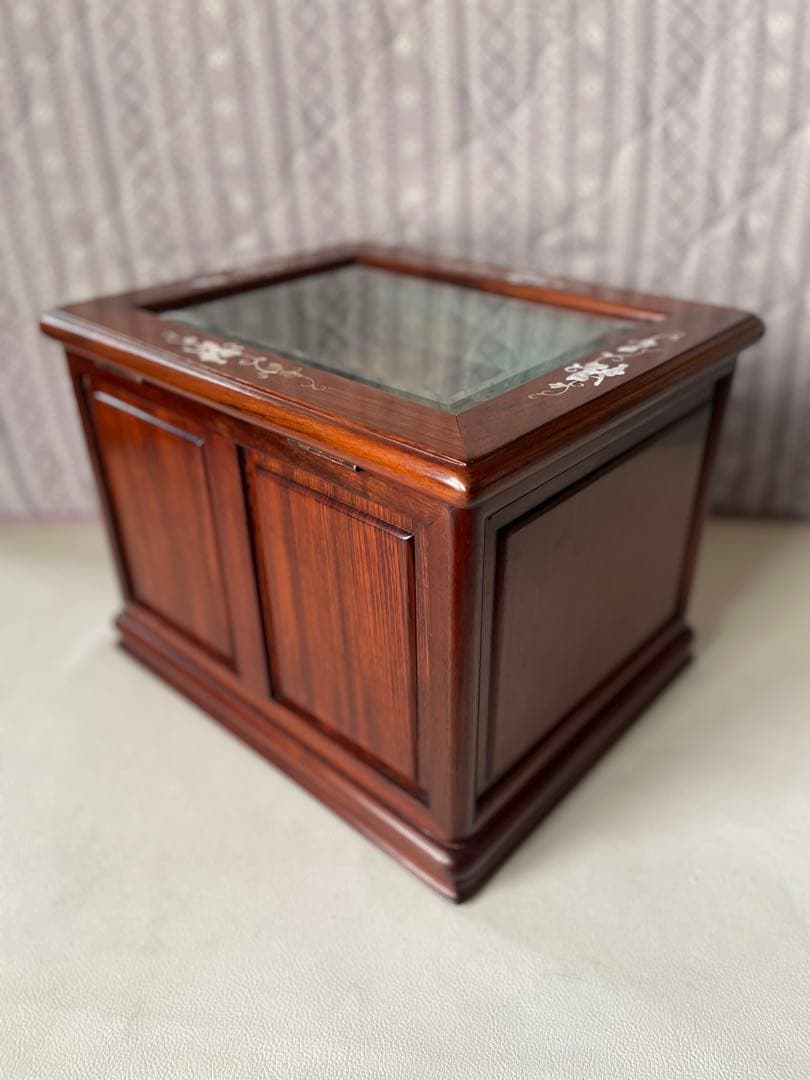 花梨 螺鈿細工 2段小引出し ショーケース ガラスケース 唐木 無垢 貴重品収納