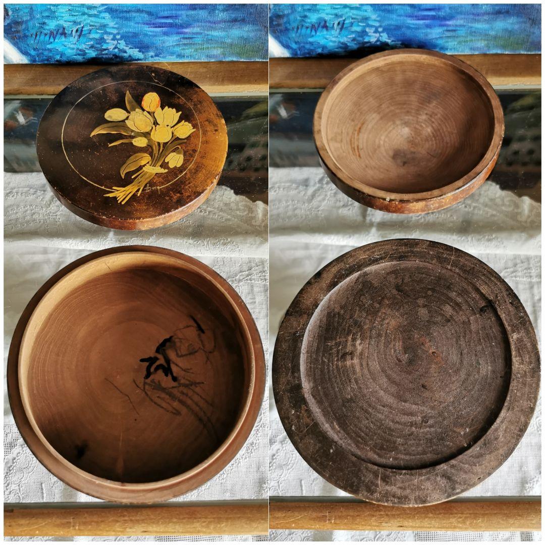 アンティークフランス 手描きチューリップの花束 蓋付きフルーツの木 飴色小物入れ