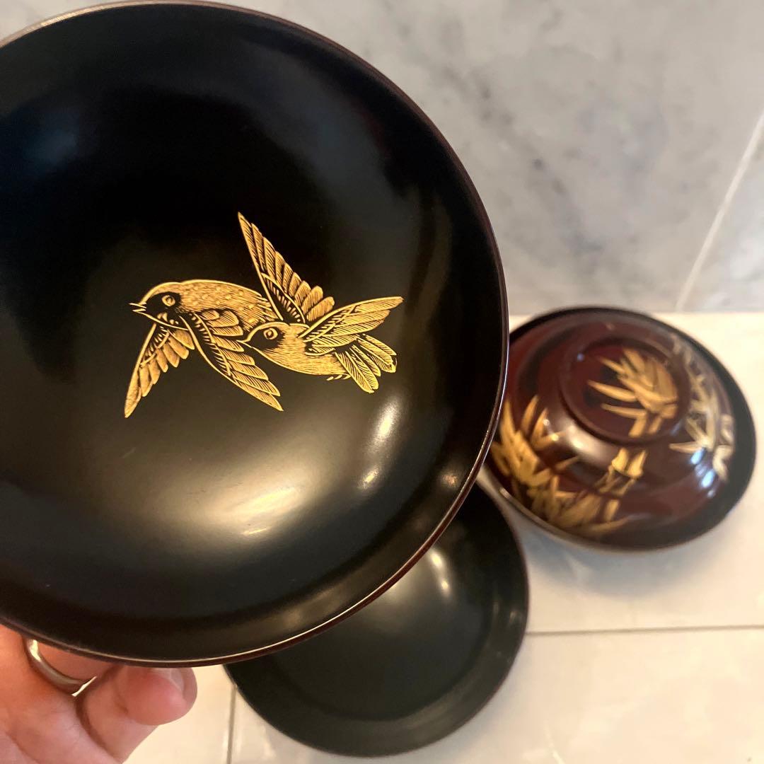アンティーク大正時代　金彩のスズメや上品な竹が美し過ぎる木製輪島漆塗りお椀2客