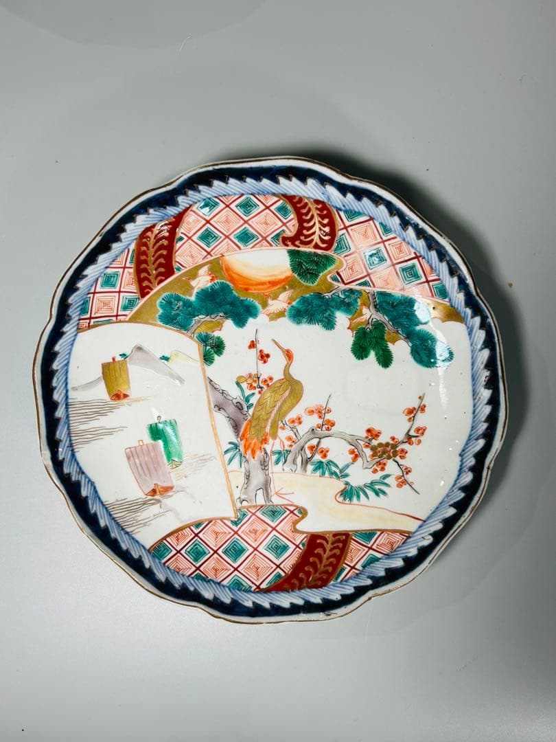 古伊万里　色絵　金襴手　松竹梅　鶴　輪花　七寸皿　5枚　21.5㎝　窓絵　帆舟