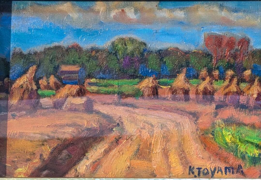 【真作】絵画　油彩SM（板絵）　田園風景　温もりあふれる郷愁の風景　V192