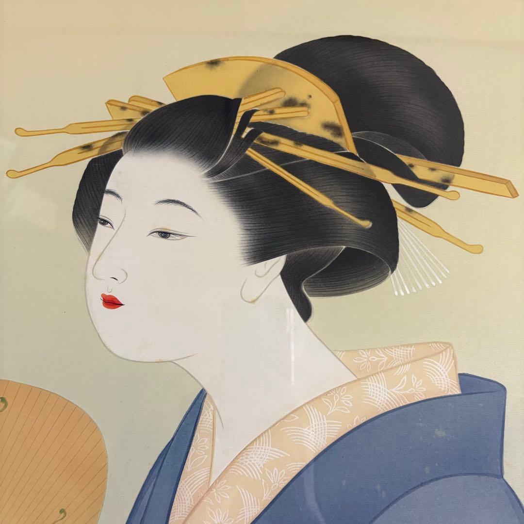 堀江浮水 額装 美人画 日本画 着物