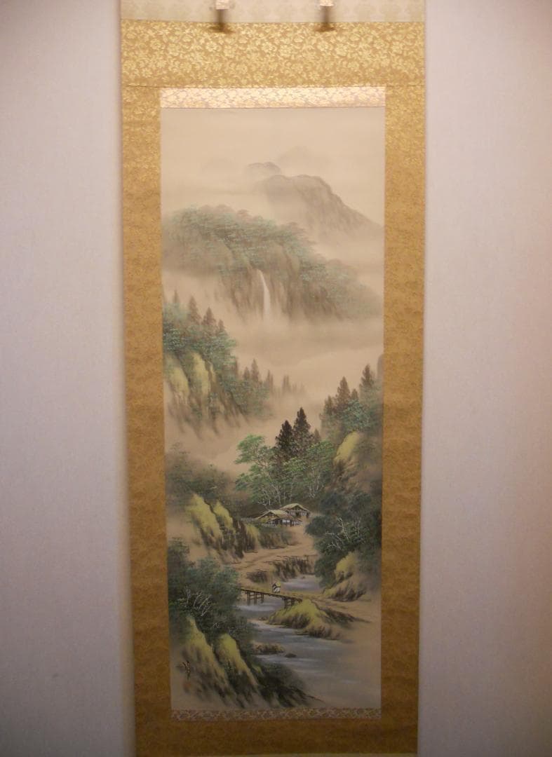 掛け軸 吉村舞堂 彩色山水 絹本 希少 軸装 茶道具 掛軸 風鎮付 美品 です。