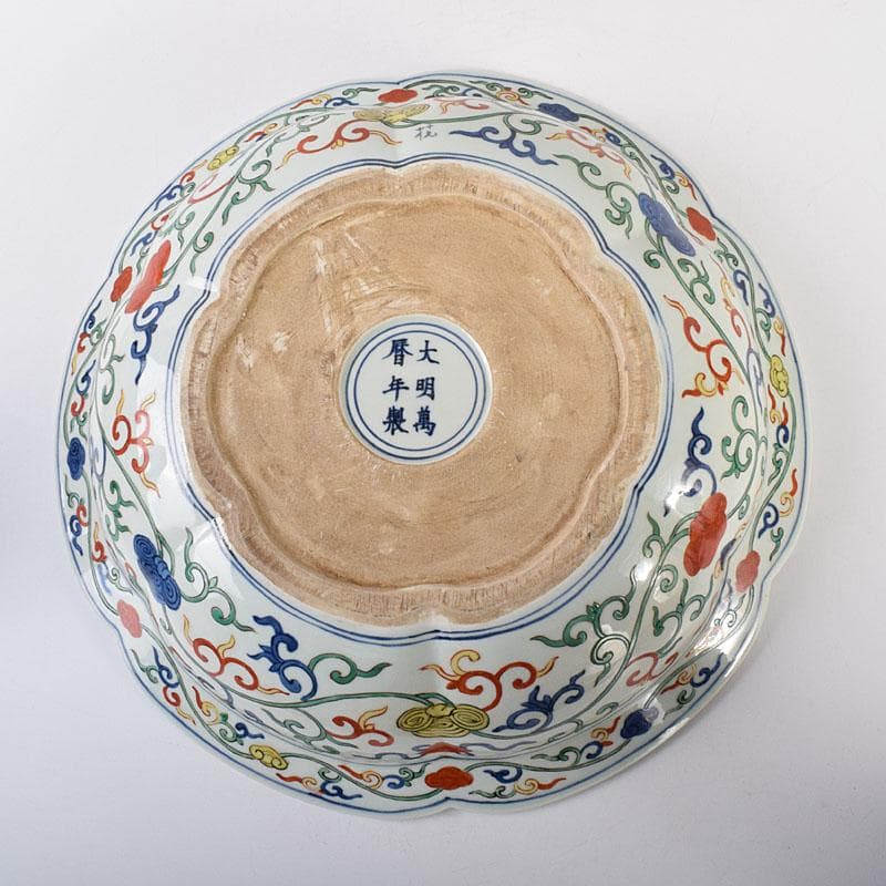 中国　大明萬暦年製　五彩龍鳳凰文　輪花鉢　大皿　直径約40㎝　V　R7860C