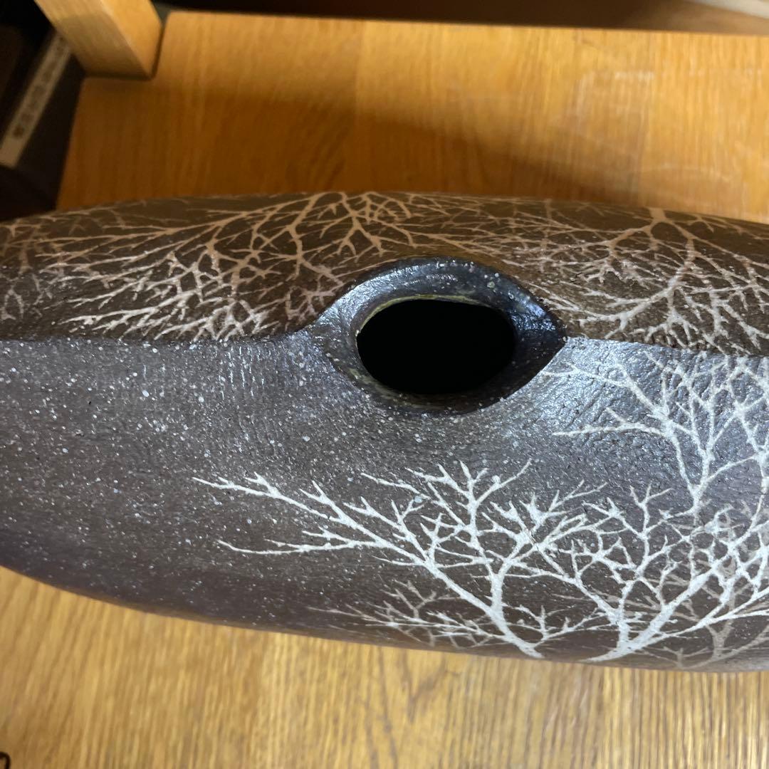 益子焼　佐伯守美　象嵌樹林文扁壺　共箱