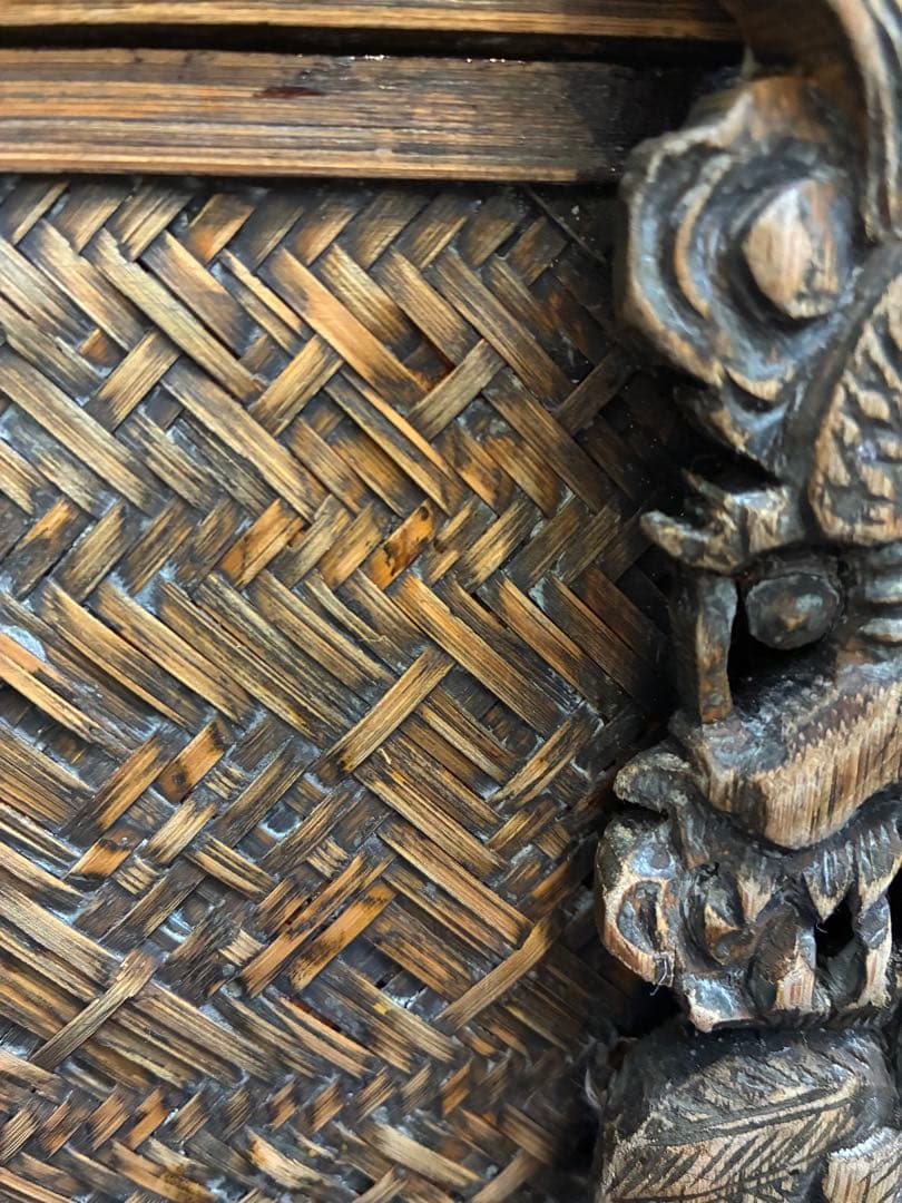 茶道具　煎茶道具入れ　籠　提藍　骨董品　彫刻　木製　網代編み　2段式