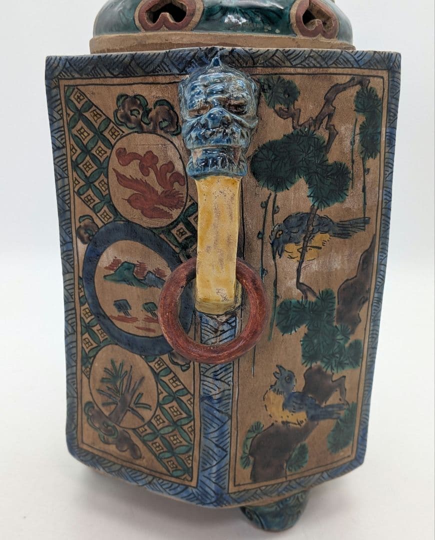 江戸期 古九谷 青手鳳凰摘三足香炉 合箱 角福 九谷焼 色絵窓絵 山水図人物花鳥