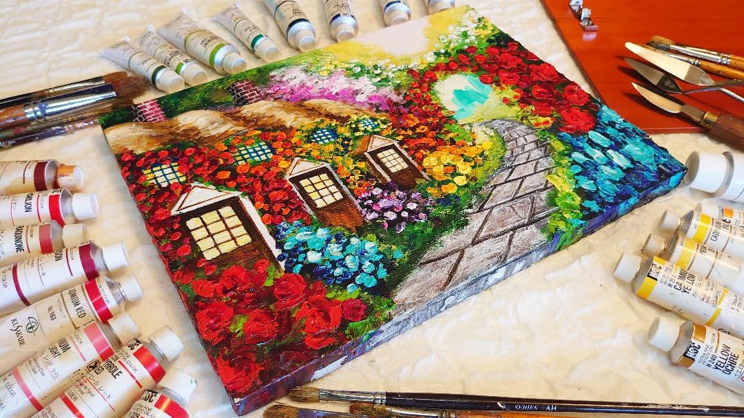 油絵 絵画【花の住宅】