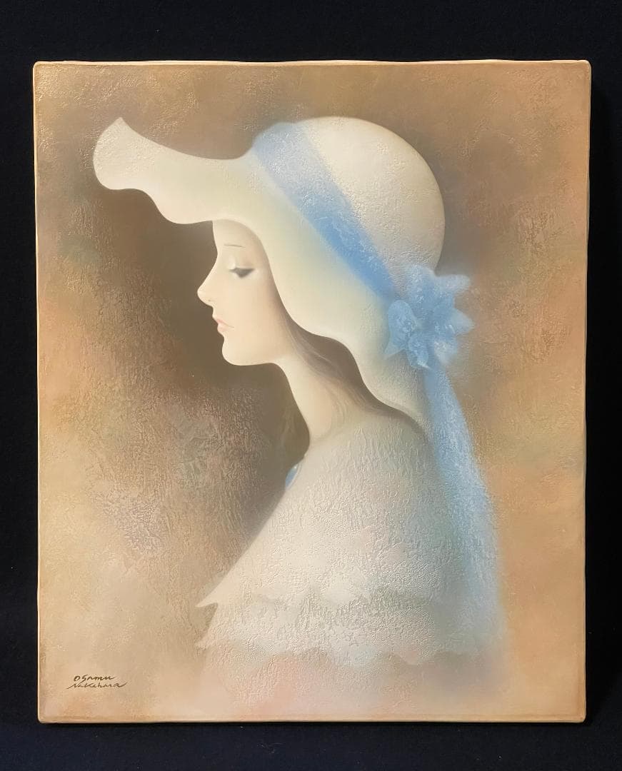 「真作」中原脩「帽子の女」人物画　油彩画　額装　サイン有り　F8号