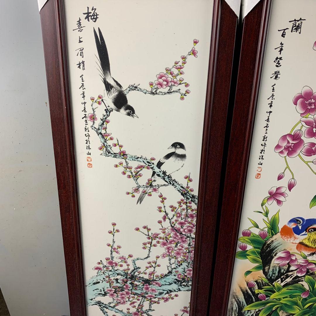 景徳鎮陶磁器 粉彩花鳥梅蘭竹菊陶板画 掛屏 応接間 書斎 茶室 装飾品工芸品置物