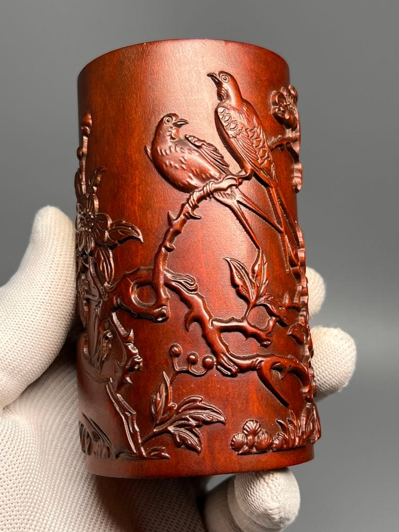 中国古美術 唐物 木製 黄楊木 一刀彫 筆立 筆筒 浮彫 文房具 極美品 旧蔵