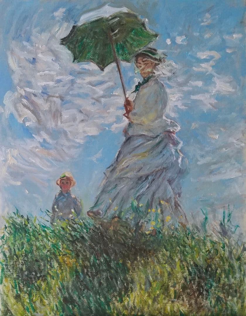 油絵 散歩、日傘をさす女 モネ 模写 ６号 F６