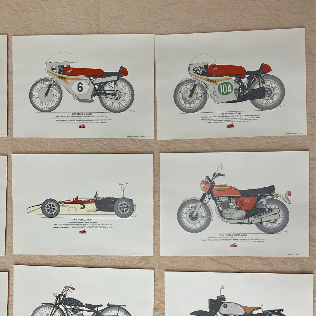 ホンダ　バイクと車のイラストレーション18枚と額