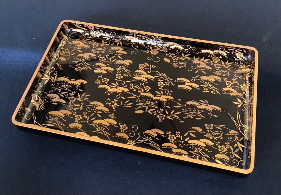 《R》松竹梅鶴亀蒔絵 廣盆 広盆 木製漆器 木箱 260209け1