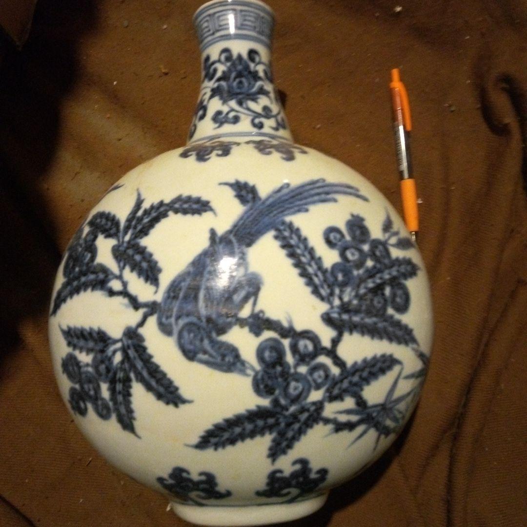 中国陶磁器　明宣徳　花鳥扁壺