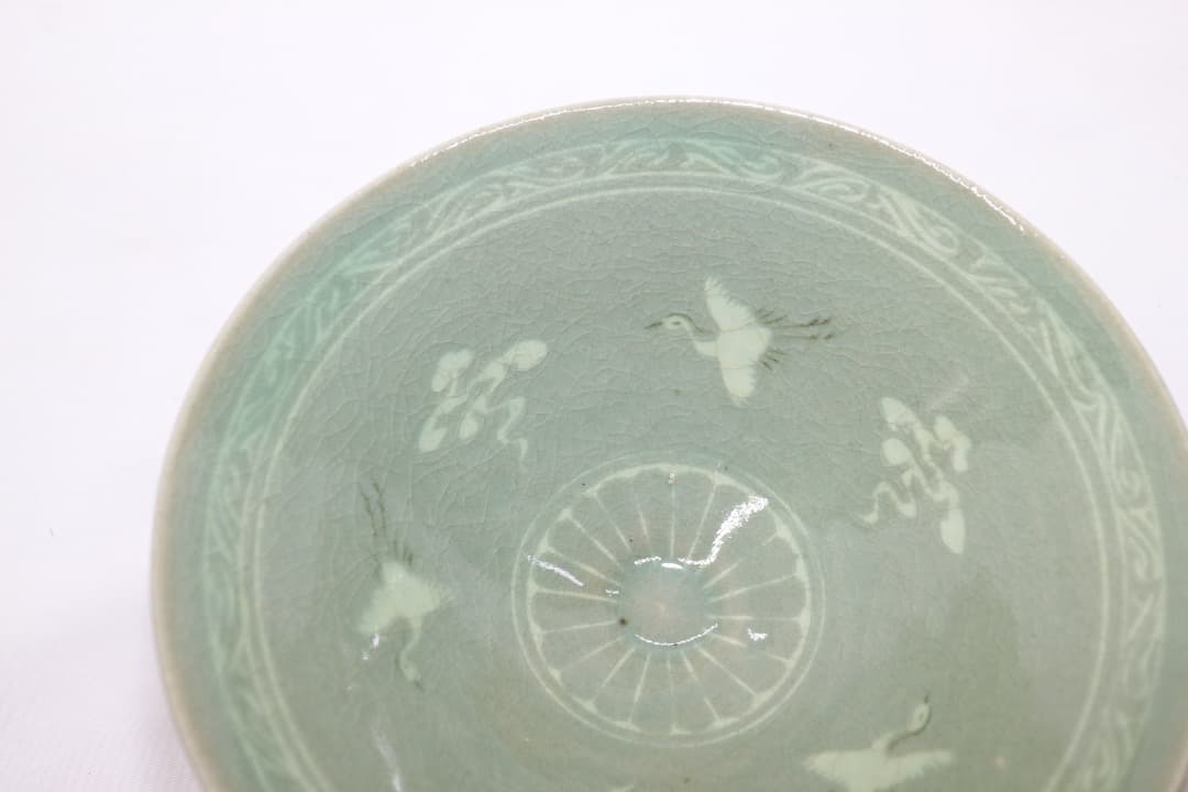 韓国人間文化財 柳海剛(柳根瀅) 高麗青磁 鶴文茶碗 共箱