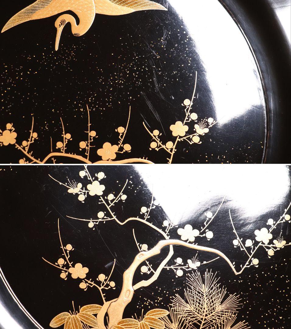 MA220 時代漆器 松竹梅鶴金蒔絵 縁唐草 黒塗 大徳寺盆 五客 菓子盆 木皿
