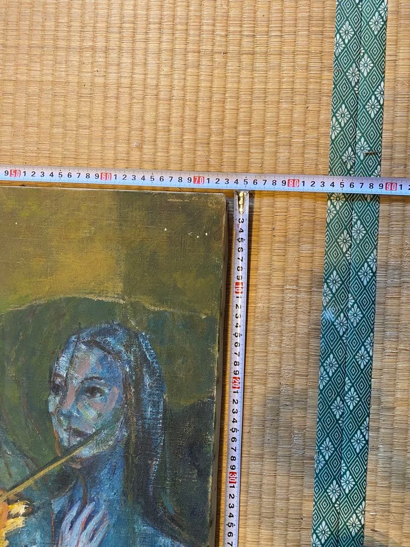 アクリル抽象画 オレンジと青のスプラッター 約73cm x 118cm