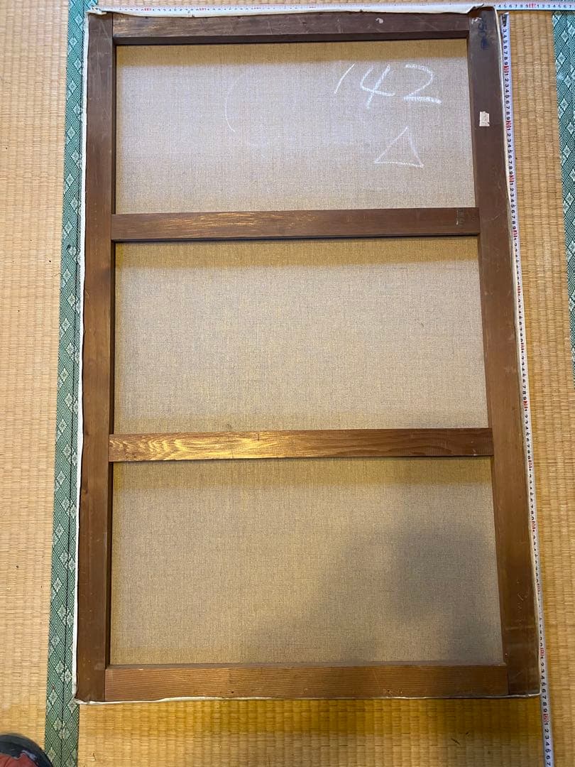 アクリル抽象画 オレンジと青のスプラッター 約73cm x 118cm