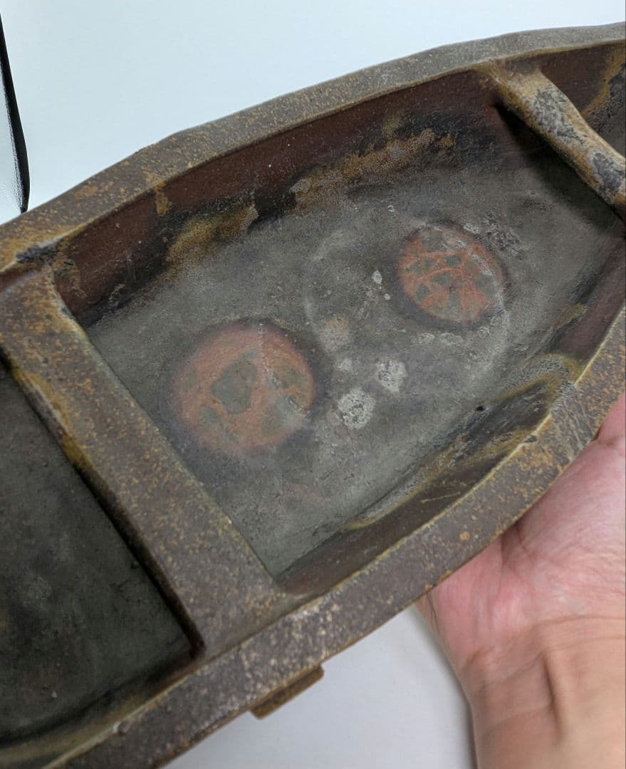 三村陶伯 備前焼 舟型花器 船形水盤 大型花器 フラワーベース 置物 花生 花入