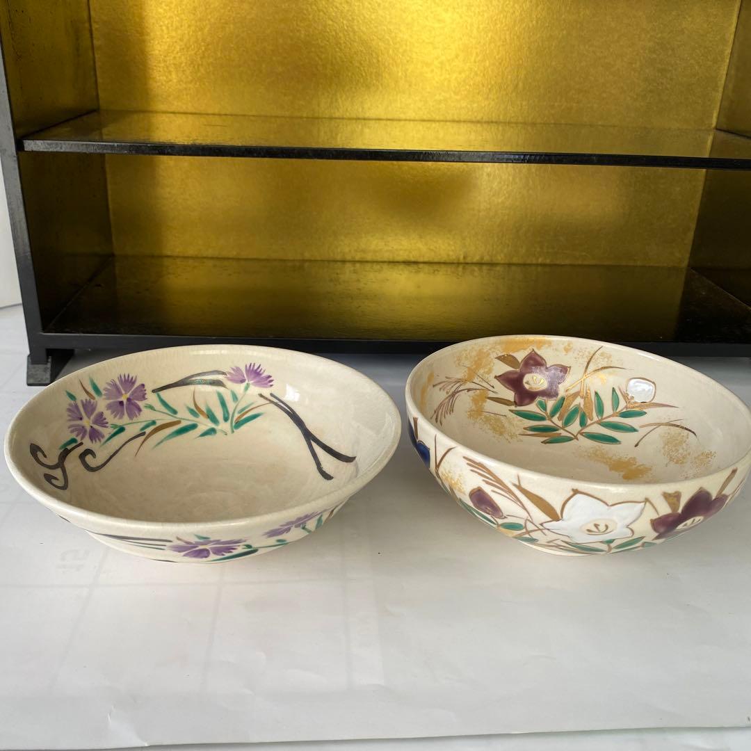 絵付抹茶茶碗（萬葉四季花）清水焼・岩崎起久雄絵付