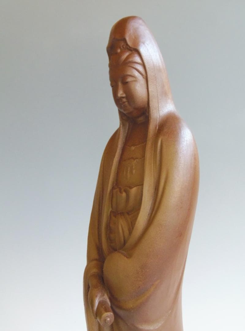 高33センチ金重利陶苑77代陶弘 金重利右衛門（金重稔）備前焼 観音像 置物