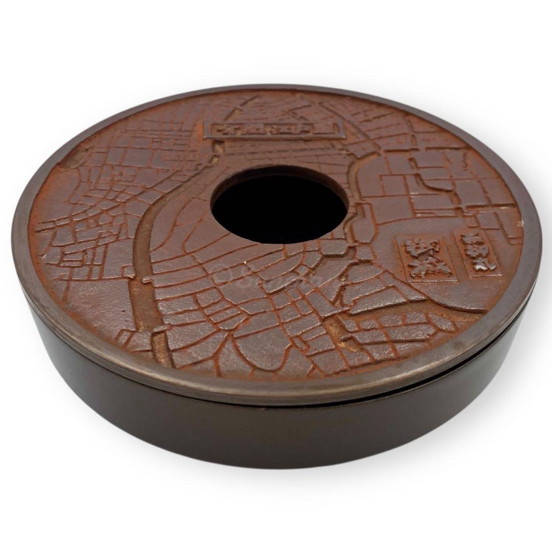 【未使用品】 灰皿 文久31年頃の江戸古地図 赤坂青山 鋳銅製赤銅 鉄製鉄錆