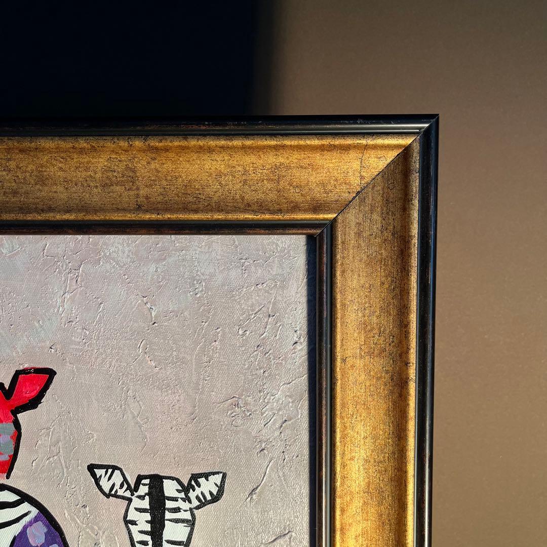 手書き油絵 ゼブラ 額付 絵画 インテリア 油彩画