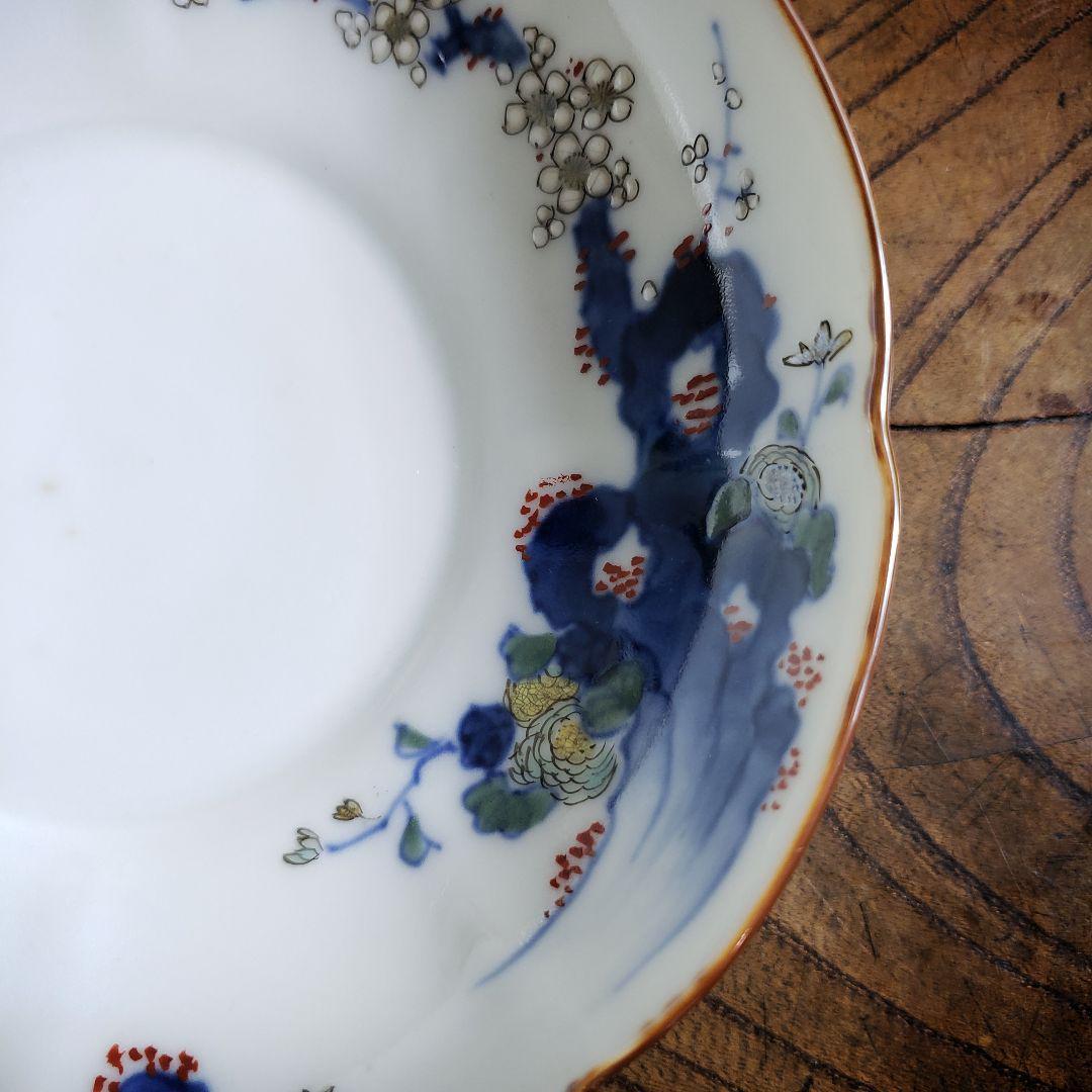 八花弁皿 染付 色絵付 取り皿 なます皿 岩 梅 菊 銘 明治 イ号