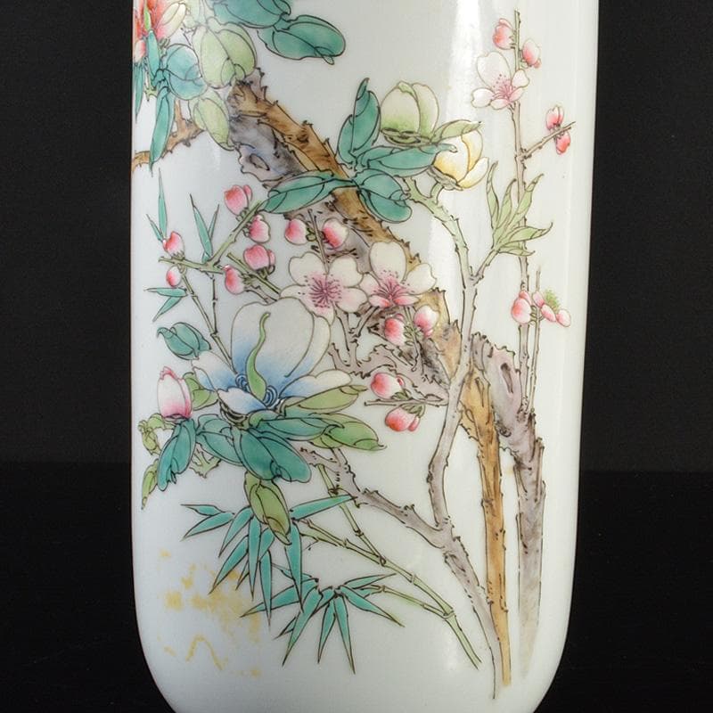 中国　致遠堂製　粉彩　花漢詩文　筒瓶　花瓶　V　R6768F