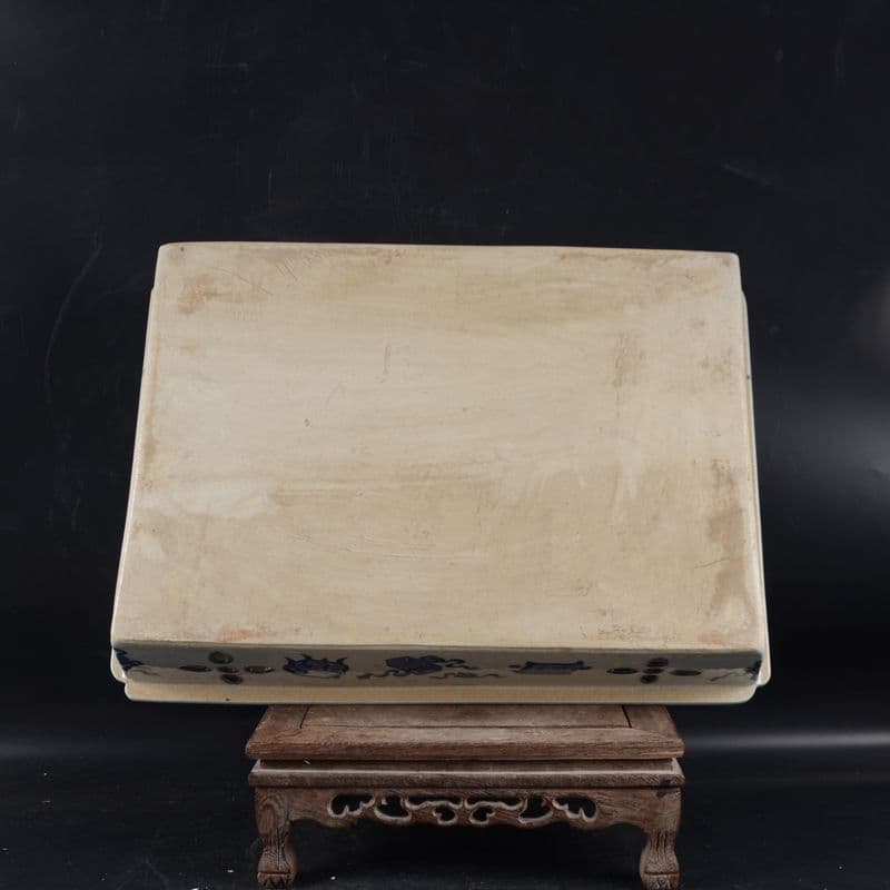 景徳鎮 磁器 青花山水楼台四方透かし彫り象嵌器水仙鉢 長方鉢