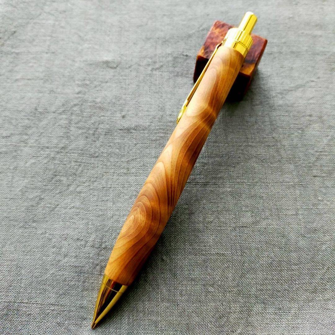 屋久杉　金襴杢　ハンドメイド　木軸シャープペン　0.5mm　天然木　ゴールド