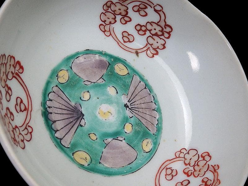 古伊万里　色絵　丸紋に貝の図　春寒鉢　膾皿　B129AS-DAz