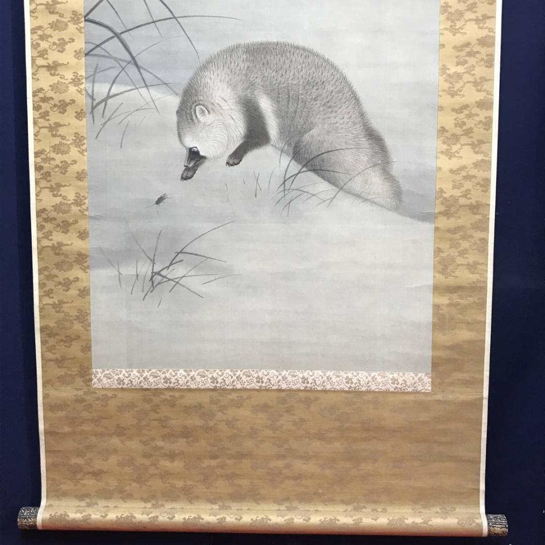 【真作】晴雲/月下狸図/タヌキ図/花鳥図/掛軸/名家伝来/AC-670