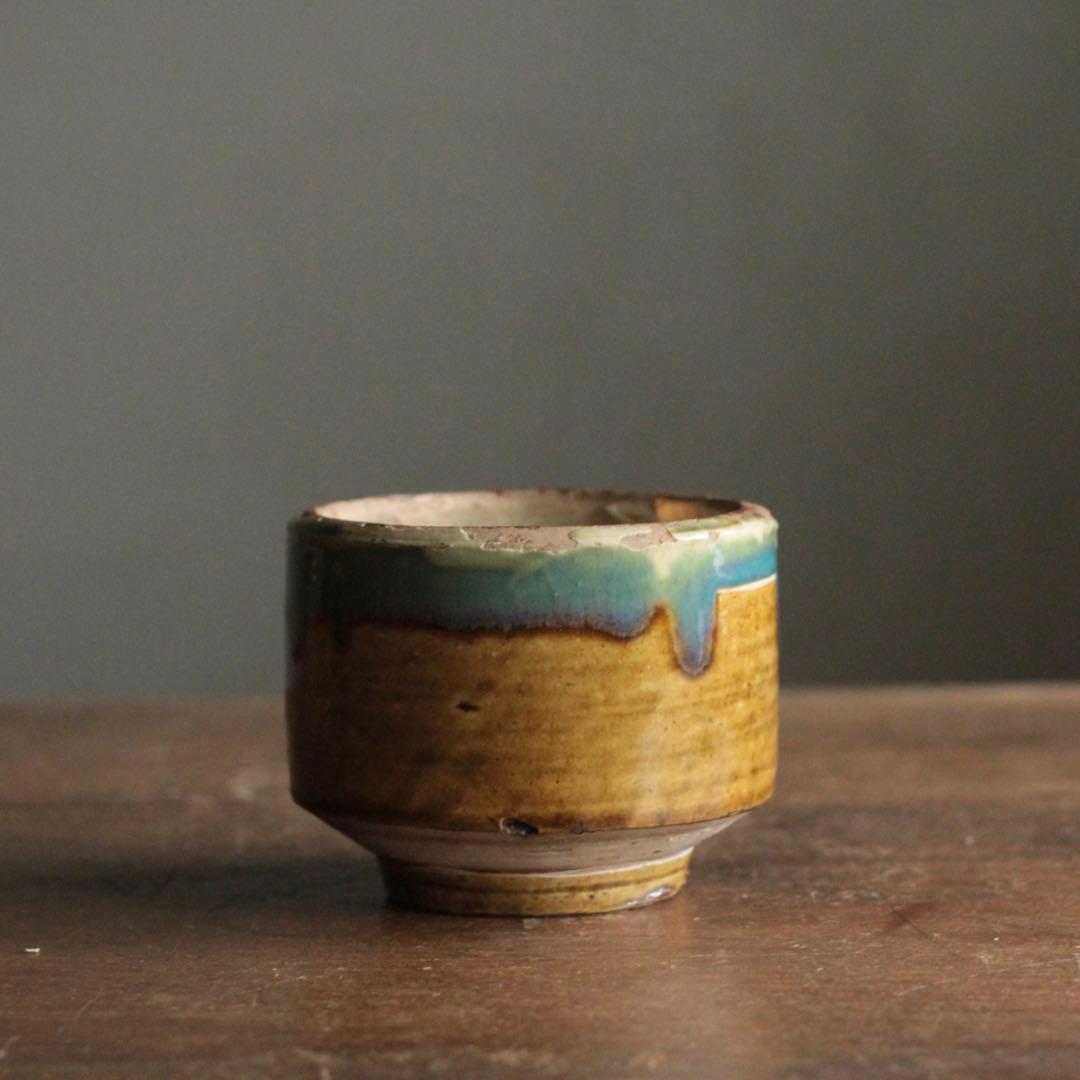 壺屋焼 緑掛け飴釉 火入 筒茶碗 古道具 アンティーク