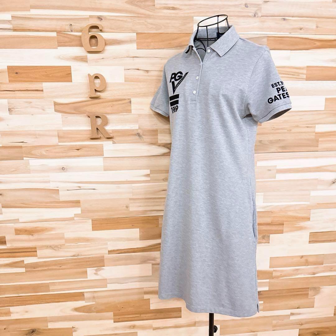 【パーリーゲイツ】フロッキー ロゴ 半袖ポロ ワンピース ゴルフ L グレー×黒