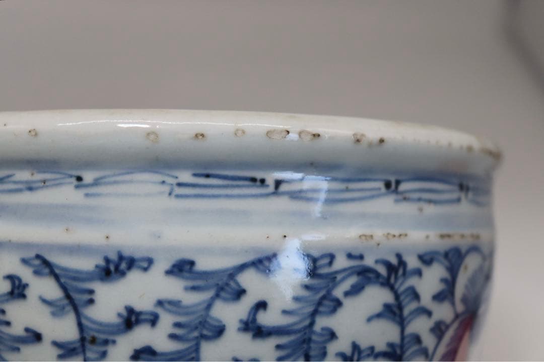 中国　清時代　青華纏枝蓮紋巻缸　木箱入　送料込み0817