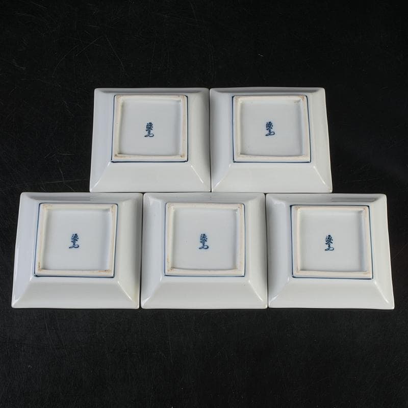 和食器　有田焼　館林源右衛門　染付　魚文　四方銘々皿　五客　共箱　V　R9102