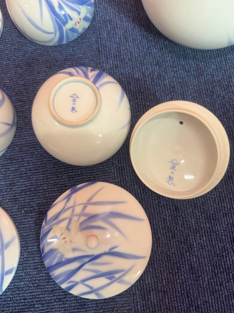 1702 深川製磁  菖蒲  茶器セット　急須1客　湯呑蓋付3客