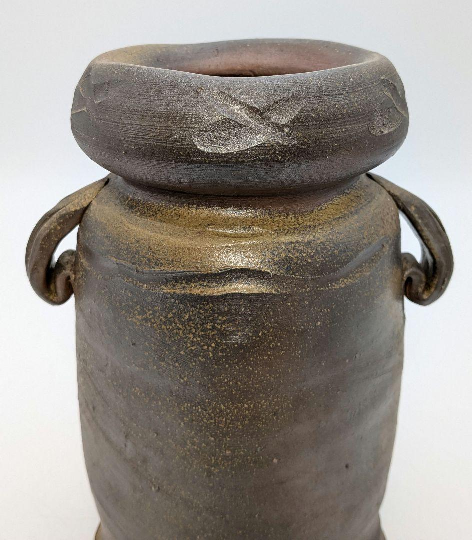 高原邦彦 備前焼 矢筈口耳付花入 合箱 花器 フラワーベース 花瓶 茶道具 置物