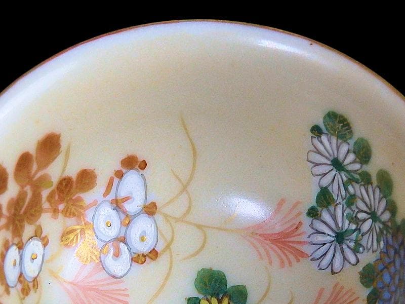 九谷　柄本暁舟　金襴手　秋草の図　盃及び盃台セット　F179AS-DAw