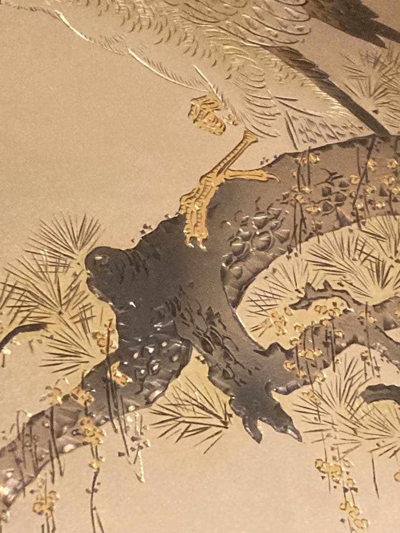 希少　堀口光彦 彫金額 松樹鷹図 金工作品 額装