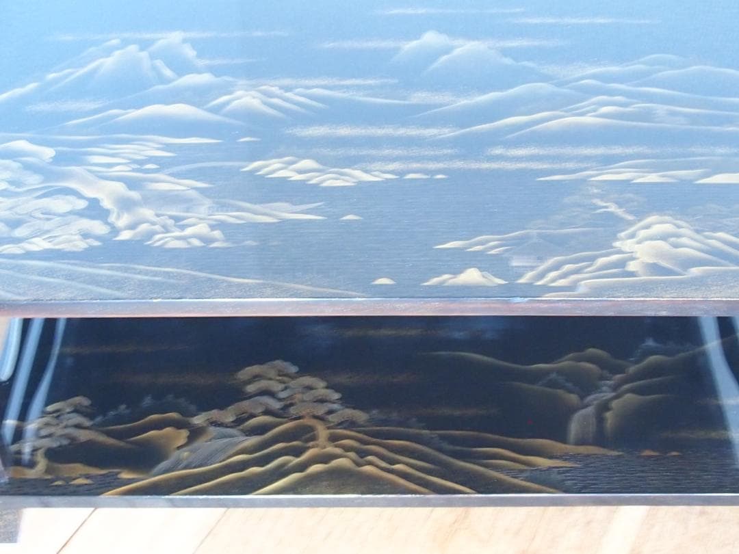 【骨董・時代の美品】大名道具 二段平卓 山水蒔絵 香炉台/盆栽台/飾り台/花台